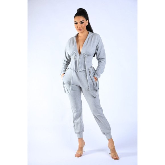 Women's Long Sleeve Zip-Up Strappy Terry Casual Hoodie Two-Piece Set Super Cute - Picture 11 of 11
